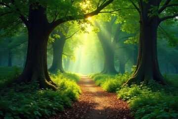 Obraz premium Sun-Dappled Path Through Ancient Woodland A Magical Fantasy Forest Scene