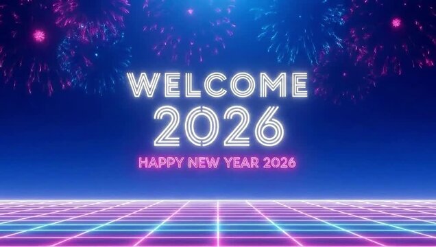 Futuristic welcome 2026 happy new year celebration design featuring neon lights, fireworks, and a retro grid on a blue background 4k video