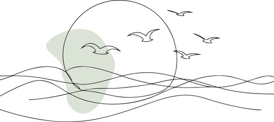 Flying birds over wavy ocean and sun waves