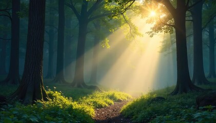 Obraz premium Sunbeams stream through gaps in clouds, creating a radiant, ethereal light effect on a forest floor Perfect for nature, fantasy, and mystical themes , light leak, leaves, bright