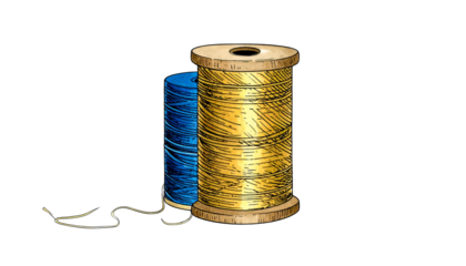Two spools of thread, one blue, one gold, with gold thread unwound slightly