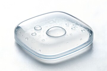 Close-up studio shot of a clear square container with water droplets and a smooth glossy surface