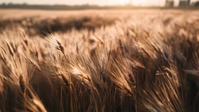 Close-up of golden wheat heads in a sunlit field.