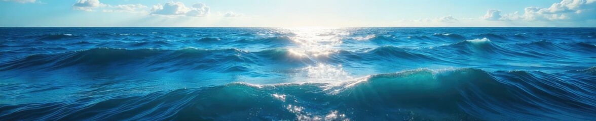 Fototapeta premium Vast, deep blue ocean stretching to the horizon, untouched and serene Sunlight glints off the waves, creating a mesmerizing display of nature's power and beauty , untouched, landscape
