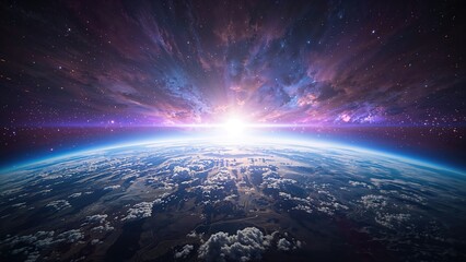 Fototapeta premium Earth from space with sunrise and cosmic background. Space exploration and astronomy, concept. The view of our planet and the universe. The concept of space and celestial observation.