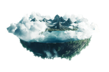 Surreal landscape depicting floating mountains and clouds nature scene digital art ethereal atmosphere aerial perspective dreamlike concept