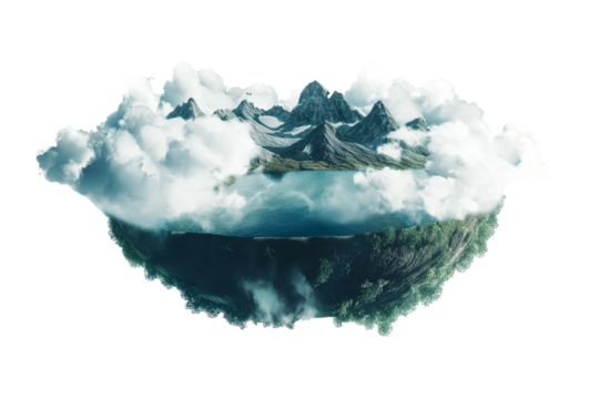 Surreal landscape depicting floating mountains and clouds nature scene digital art ethereal atmosphere aerial perspective dreamlike concept