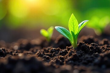 Spring Renewal Vibrant Green Shoots Emerging from Dark Soil in Warm Sunlight