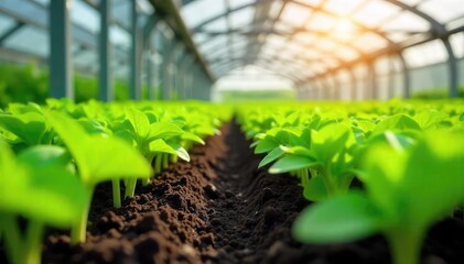 Vibrant green seedlings thriving in a modern greenhouse, sunlight streaming through the glass panels Perfect for agriculture, gardening, and environmental themes , roots, climate control