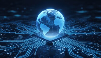A glowing translucent blue globe floats above a computer microchip surrounded by luminous circuits symbolizing global connectivity artificial intelligence and digital innovation