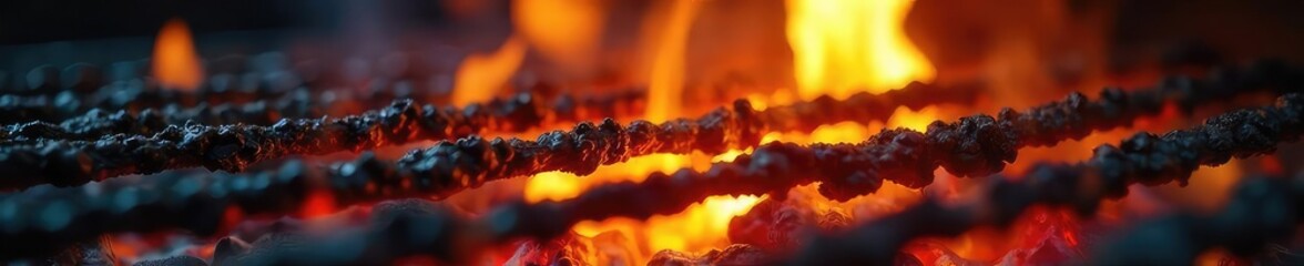 Intense Grill Flames Close-up of Vibrant Fire Textures Perfect for Delicious Barbecuing