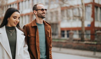 A fashionable couple strolls along a city street, showcasing contemporary style in a serene urban environment. Both exude confidence and sophistication while enjoying their leisurely walk together.