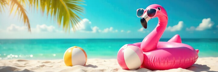 Vibrant summer scene with retro sunglasses, inflatable flamingo, and a bright beach ball on a sunny shore  Perfect for travel, vacation, and summer vibes promotions ,  paradise,  summer