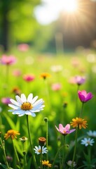 Vibrant, sun-drenched meadow bursting with wildflowers and lush green grass, perfect for fresh and natural backgrounds , summer, bloom, ecosystem