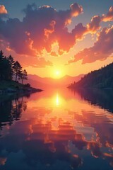 Vibrant sunrise over a tranquil lake, reflecting the calm and peaceful energy of wellness Perfect for meditation, spa, yoga, and healthy living themes , healing, healthy lifestyle
