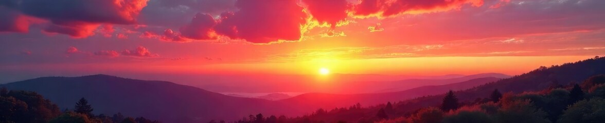 Vibrant sunrise paints the sky with fiery oranges and soft pinks, casting a warm glow over a tranquil landscape Perfect for travel, nature, and serenity themed projects , beautiful, sky, peaceful