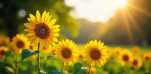 Vibrant sunflowers bask in the warm sunlight of a picturesque park, their golden petals creating a stunning natural display  Perfect for summer, nature, and happy themes , sunflowers, yellow