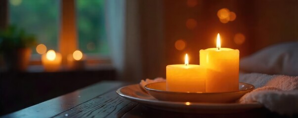 Warm, glowing candlelight illuminates a softly-lit scene, creating a cozy and romantic ambiance  Perfect for home decor, relaxation, and spa themes ,  soft light,  still life,  beauty