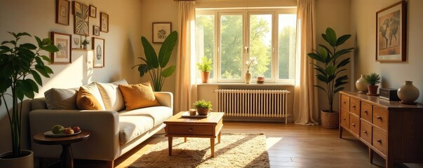 Sunlit Minimalist Living Room Cozy & Welcoming Interior Design for Relaxation and Peaceful Home Ambiance