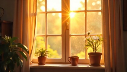 Warm sunlight streams through a bright windowpane, illuminating dust motes dancing in the golden rays Perfect for home, comfort, and spring themes , serene, glass, window