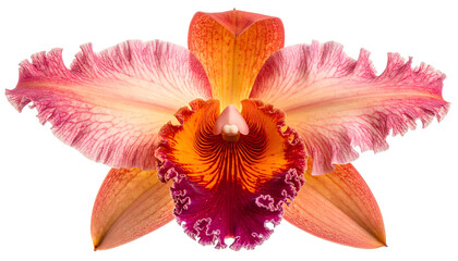 Close-up of a vibrant orchid blossom with ruffled petals and intricate color patterns