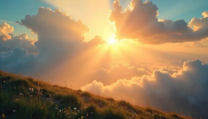 Warm sunlight streams through fluffy clouds, illuminating a tranquil landscape with a golden glow Perfect for nature, weather, and serenity themes , weather, scenery, sunlight