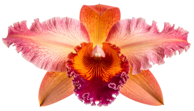 Close-up of a vibrant orchid blossom with ruffled petals and intricate color patterns