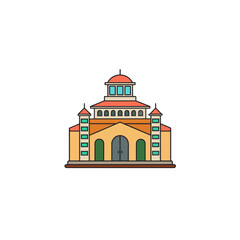 Colorful flat design illustration of a grand building with a central dome and towers
