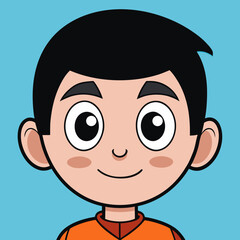 Friendly cartoon boy with big eyes and black hair smiling on a blue background