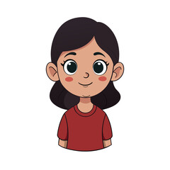 Cute cartoon girl with dark hair and rosy cheeks wearing a red t shirt