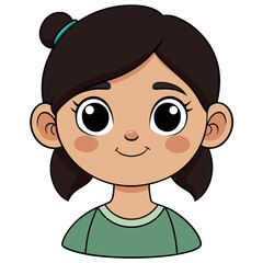 Cute cartoon girl with dark hair and big expressive eyes smiling happily