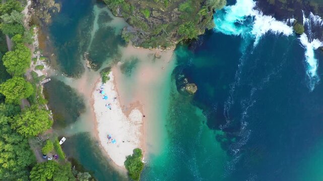 Amazing colors of river Una, aerial shoot of river Una near Bihać, Bosnia and Herzegovina.