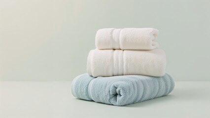 Stacked towels in white and light blue colors, folded neatly, on a plain background.
