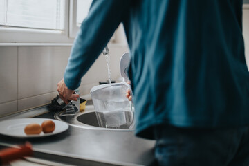 A close-up view of an individual filling a pitcher with water from a kitchen faucet, highlighting daily activities at home.