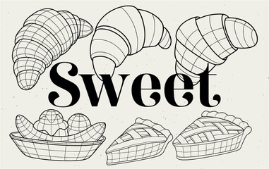 Wireframe Croissants and Pies – Minimal Sweet Illustration