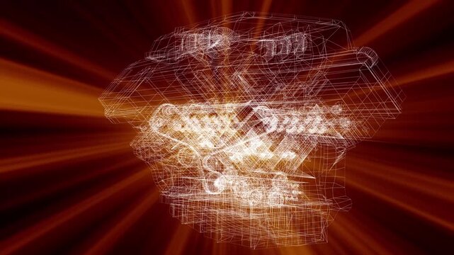 Mechanical Engine Wireframe, Technical Blueprint, 3D CAD Project, Industrial Machinery Design, Engineering Concept Animation