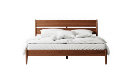 Wooden bed with white sheets isolated on transparent background for bedroom decor