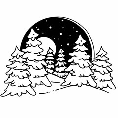 Winter forest scene with snowcovered trees and a bright full moon