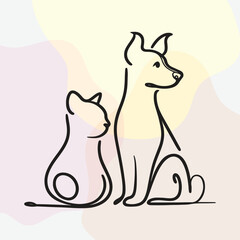 Minimalist black line-art illustration of a dog and cat sitting together