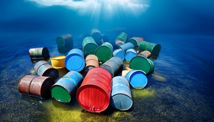 colorful barrels adrift in a polluted sea