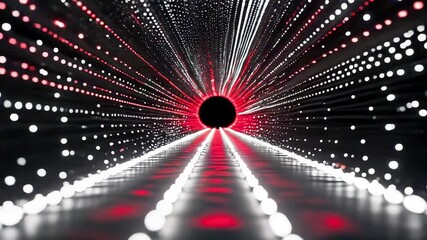 Neon Light Tunnel with Central Black Hole and Radiating White Dots on Red Path - Powered by Adobe