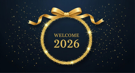 A shimmering golden frame, elegantly adorned with a satin ribbon, welcomes the upcoming year  2026 with an air of sophisticated celebration. Scattered across a dark background. vector illustration