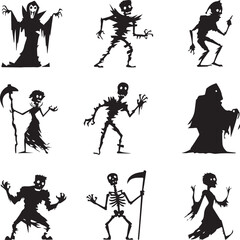 Halloween Monsters Silhouette Vector Set – Vampire, Zombie, Skeleton, and Ghost Icons