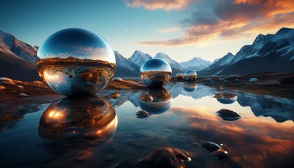reflective spheres capture mountain landscape