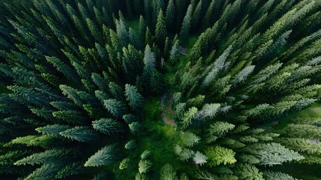 Aerial view of a dense pine forest from above, with a lighter cluster of younger trees in the center.