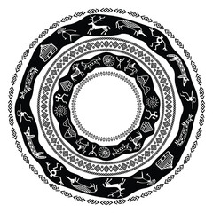 Vector round ethnic element, circular petroglyphs and geometric pattern, rock paintings, naive art, vector design