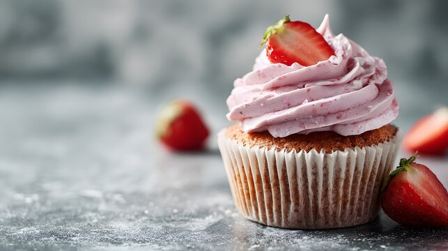 Single sweet baked confection topped with pink frosting and fresh berry garnish sits on a textured surface