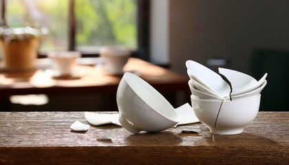 broken white dishes on table with blurred background