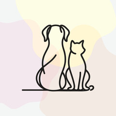 Minimalist black line-art illustration of a dog and cat sitting together