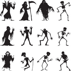 Halloween Monsters Silhouette Vector Set – Vampire, Zombie, Skeleton, and Ghost Icons